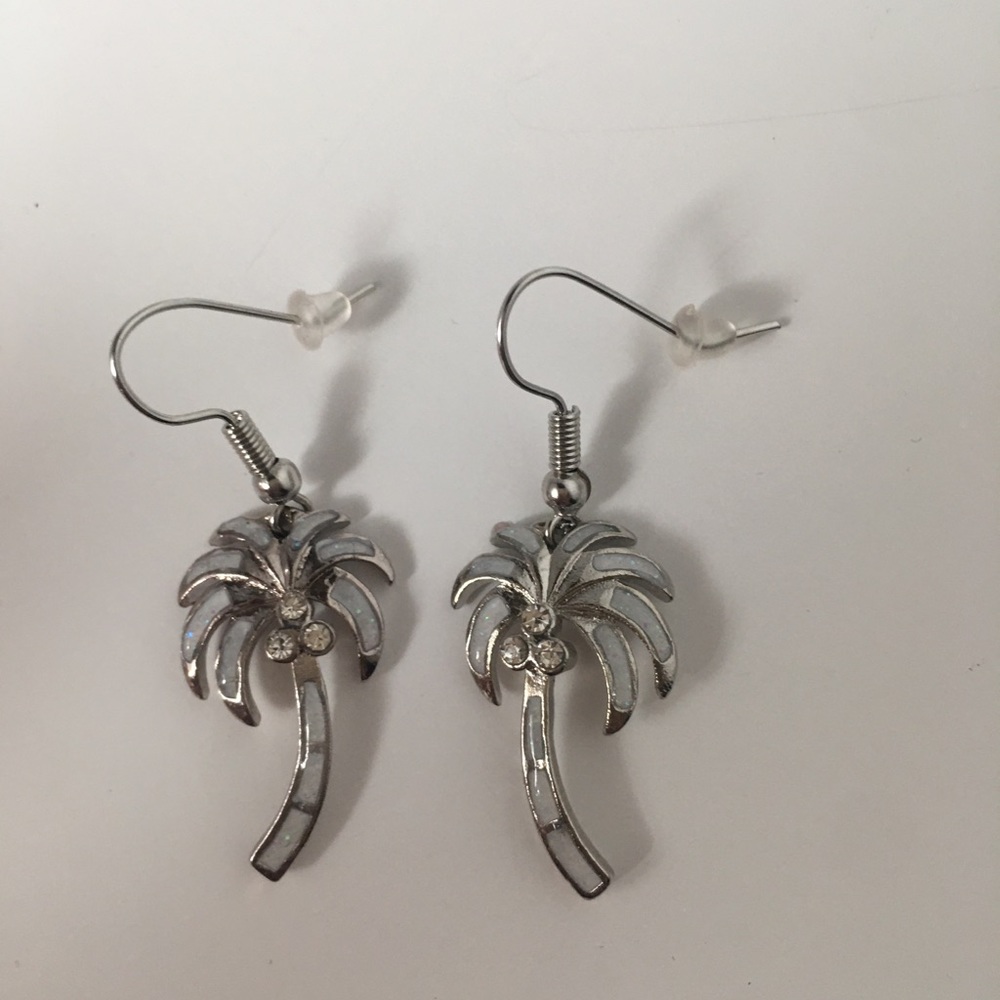 Opalescent Palm Tree Earrings w Crystal Coconuts